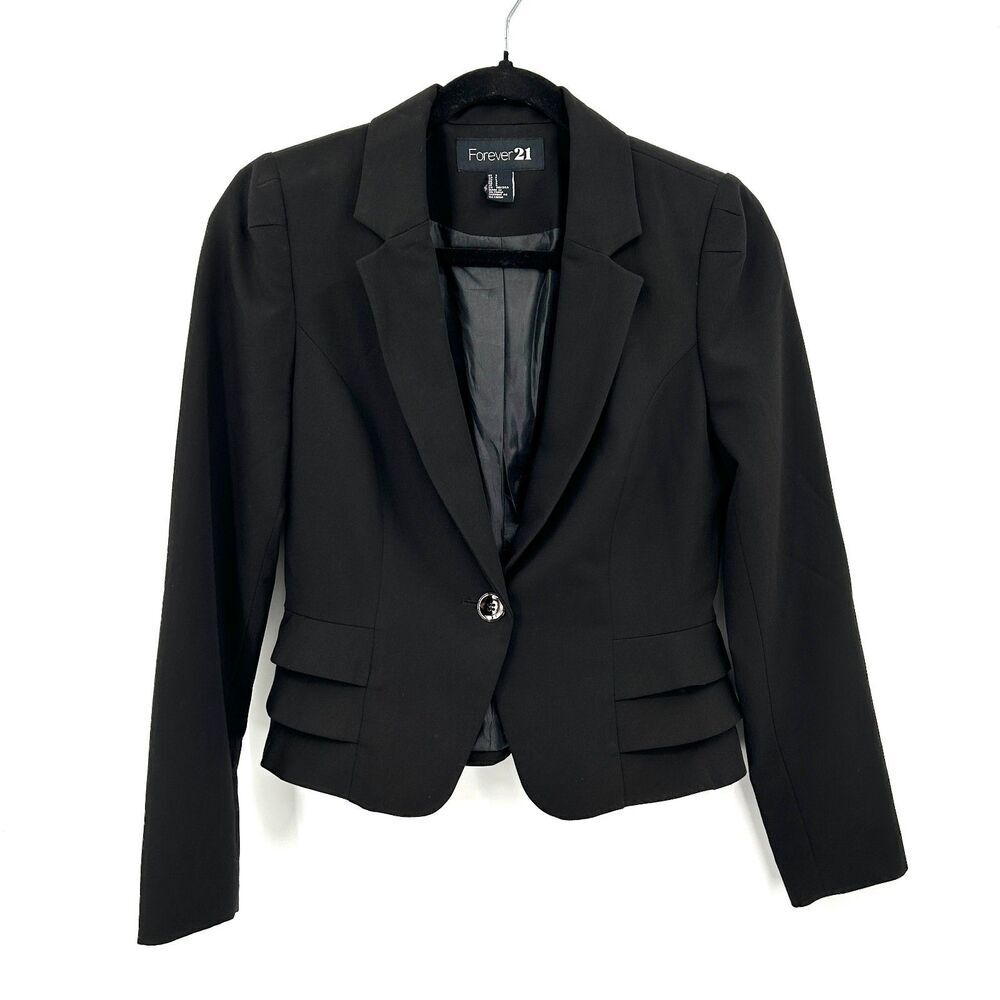 FOREVER 21 Women's Black Single Button Pleated Office Blazer Jacket Size Small